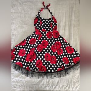 Oten Rockabilly Pin Up Polka Dot Rose Halter Dress Size M Tulle Ruffle Smocked